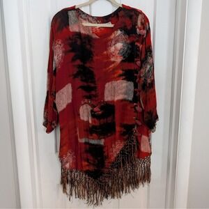 Vintage Art To Wear Tunic Top Dress Kaftan  PLUS SIZE Boho Hippie Fringe Women